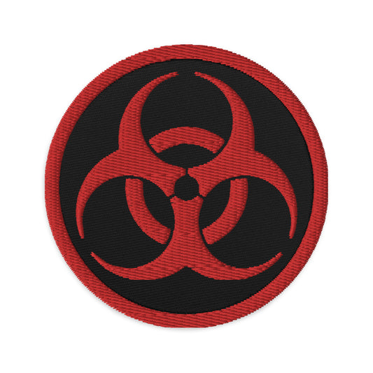 Circular embroidered patch featuring Red Thread Bio Hazard Symbol Warning Sign, front view