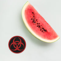 Circular embroidered patch featuring Red Thread Bio Hazard Symbol Warning Sign, front view
