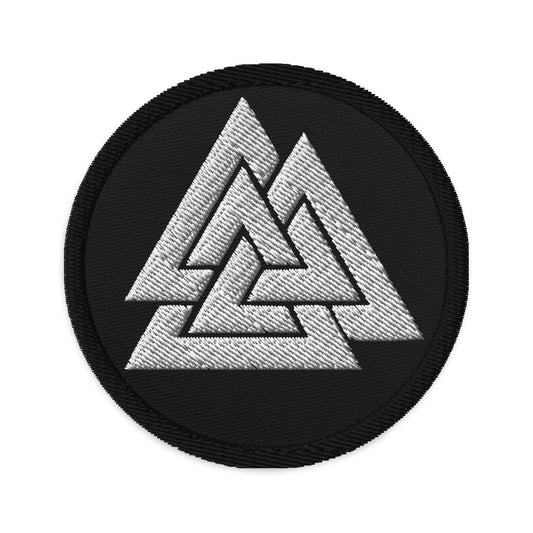 Circular embroidered patch featuring Viking Symbol Valknut Triangles of Power and Glory, front view