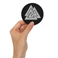 Circular embroidered patch featuring Viking Symbol Valknut Triangles of Power and Glory, front view