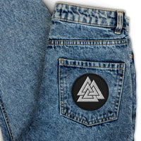 Circular embroidered patch featuring Viking Symbol Valknut Triangles of Power and Glory, front view