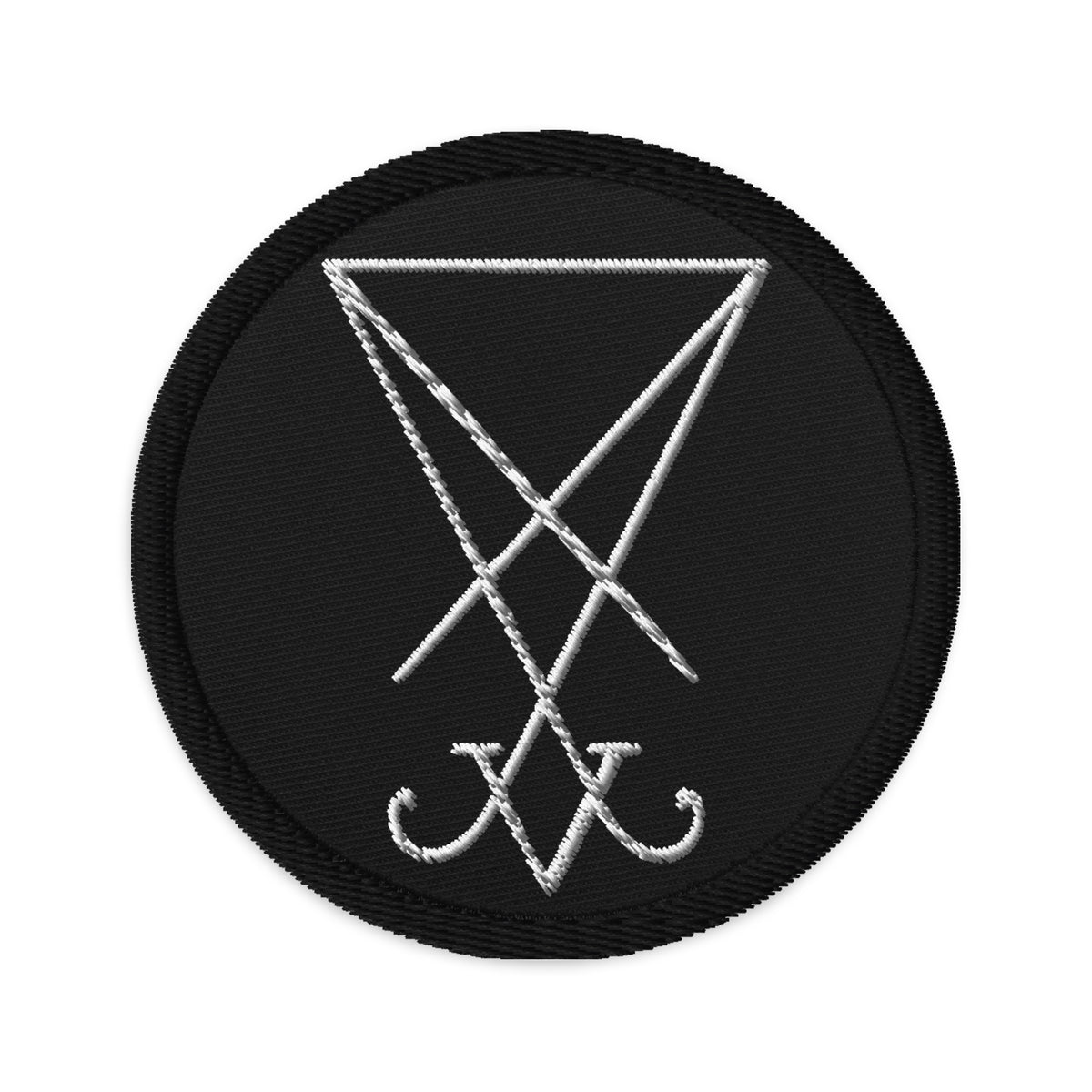 Circular embroidered patch featuring White Thread Sigil of Lucifer Symbol The Seal of Satan, front view