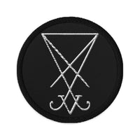 Circular embroidered patch featuring White Thread Sigil of Lucifer Symbol The Seal of Satan, front view
