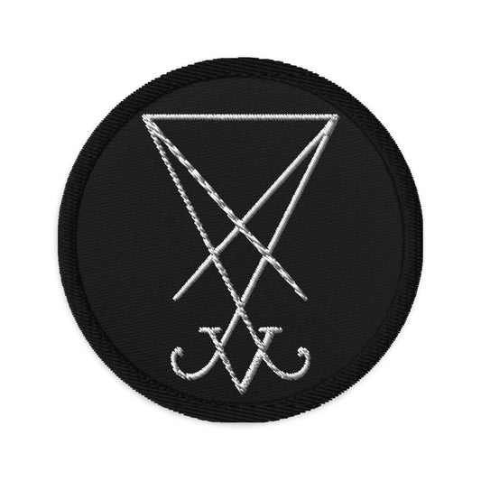 Circular embroidered patch featuring White Thread Sigil of Lucifer Symbol The Seal of Satan, front view