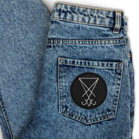 Circular embroidered patch featuring White Thread Sigil of Lucifer Symbol The Seal of Satan, front view