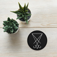 Circular embroidered patch featuring White Thread Sigil of Lucifer Symbol The Seal of Satan, front view