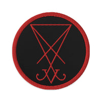 Circular embroidered patch featuring Red Thread Sigil of Lucifer Symbol The Seal of Satan, front view