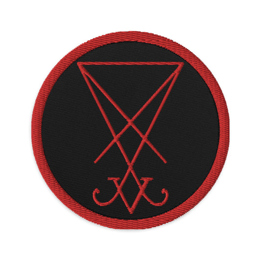 Circular embroidered patch featuring Red Thread Sigil of Lucifer Symbol The Seal of Satan, front view