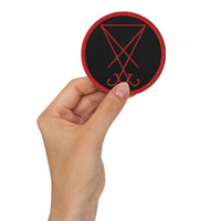 Circular embroidered patch featuring Red Thread Sigil of Lucifer Symbol The Seal of Satan, front view