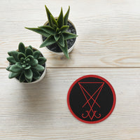 Circular embroidered patch featuring Red Thread Sigil of Lucifer Symbol The Seal of Satan, front view