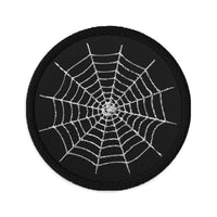 Circular embroidered patch featuring Creepy Spiderweb Halloween, front view