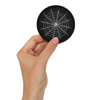 Circular embroidered patch featuring Creepy Spiderweb Halloween, front view