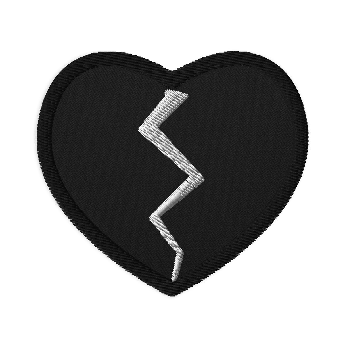 Heart embroidered patch featuring Goth Black Broken Heart Valentines Day, front view