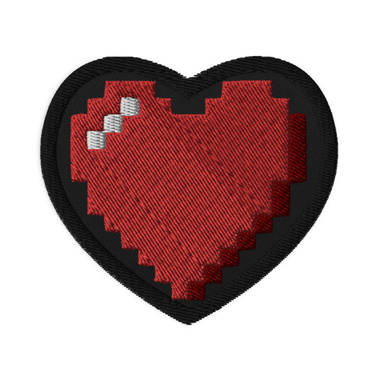 Heart embroidered patch featuring Retro 8 Bit Video Game Pixelated Heart, front view