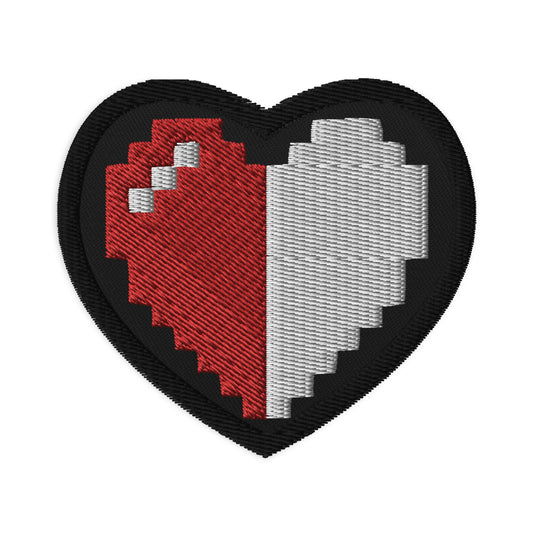 Heart embroidered patch featuring Retro 8 Bit Video Game Pixelated Half Heart, front view
