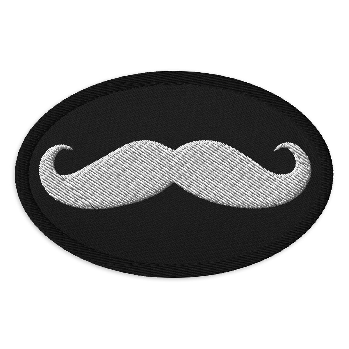 Oval embroidered patch featuring Classic Handlebar Mustache, front view