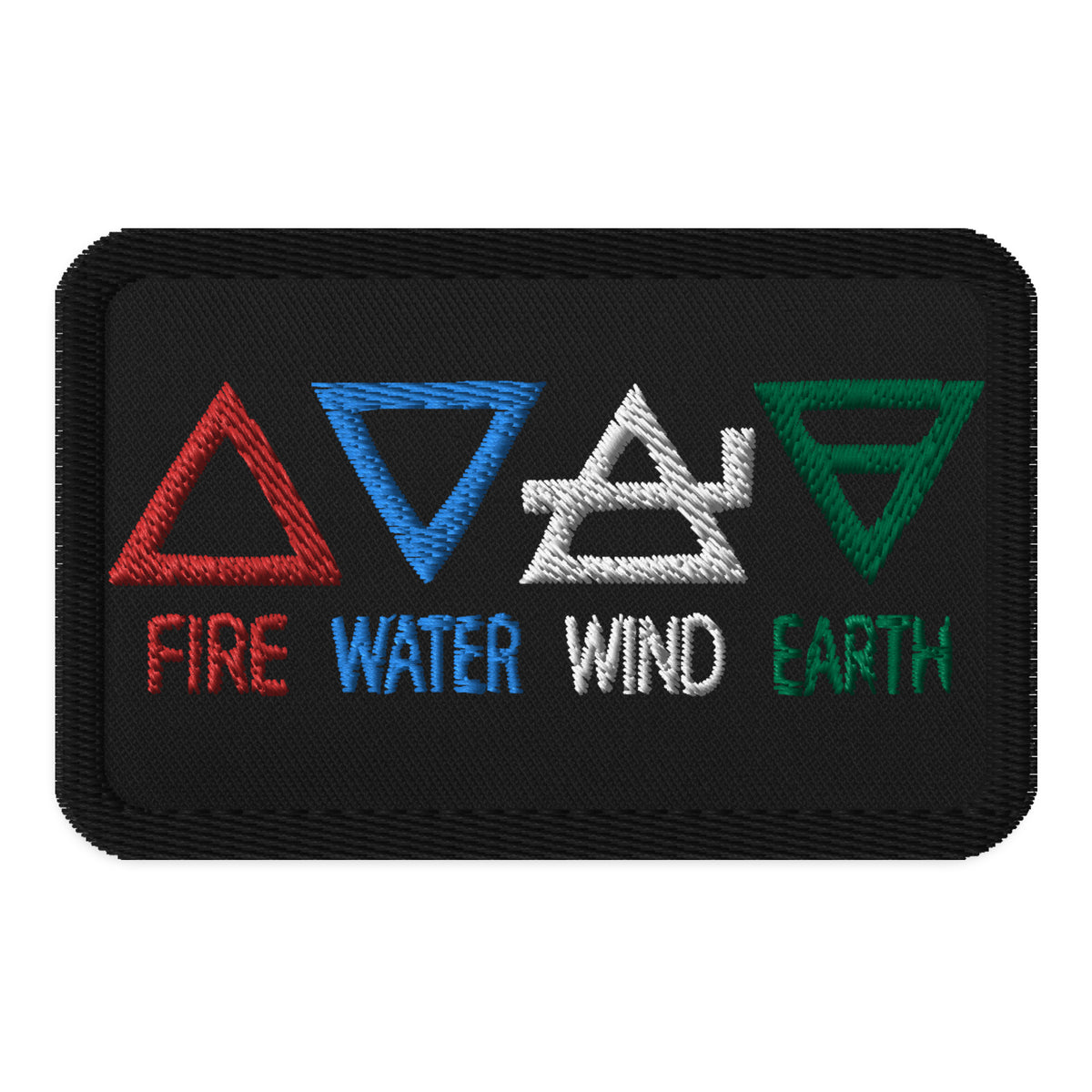 Rectangle embroidered patch featuring Four Elements of Matter: Fire, Water, Wind, Earth, front view