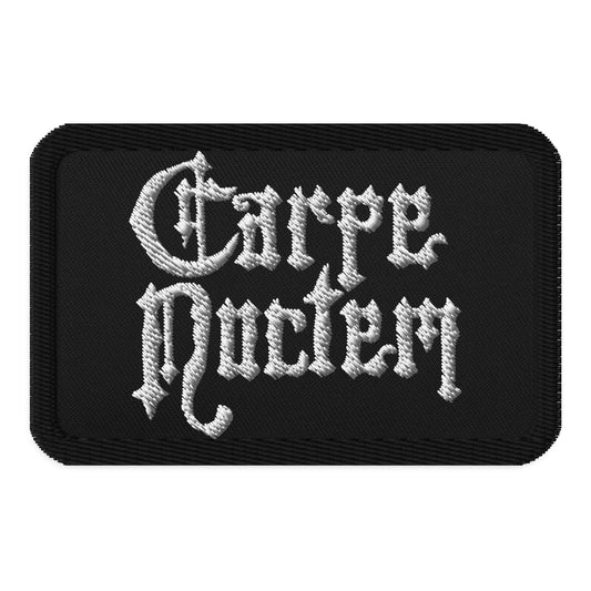 Rectangle embroidered patch featuring Carpe Noctem Seize The Night Vampire, front view