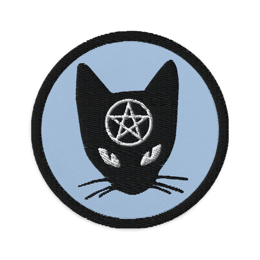 Circular embroidered patch featuring Black Cat Wiccan Pentagram, front view