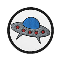 Circular embroidered patch featuring Space Alien Ship UFO Flying Saucer, front view