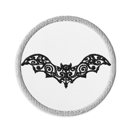 Circular embroidered patch featuring Gothic Vine Wrought Iron Bat, front view