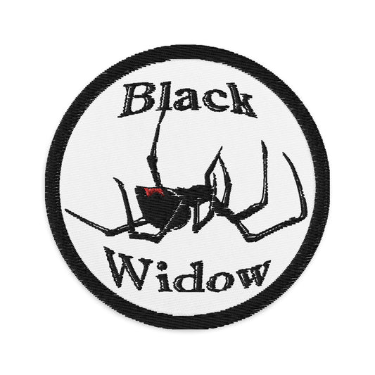 Circular embroidered patch featuring Latrodectus Black Widow Spider, front view