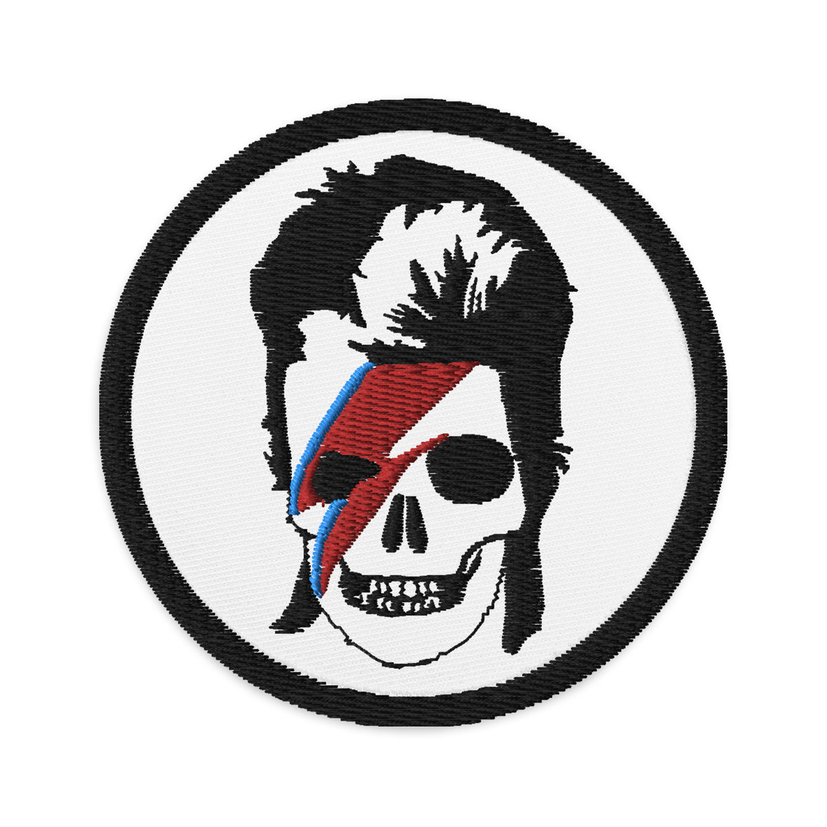 Circular embroidered patch featuring Lightning Bolt Skull David Bowie, front view