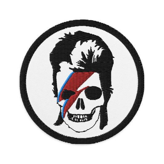 Circular embroidered patch featuring Lightning Bolt Skull David Bowie, front view