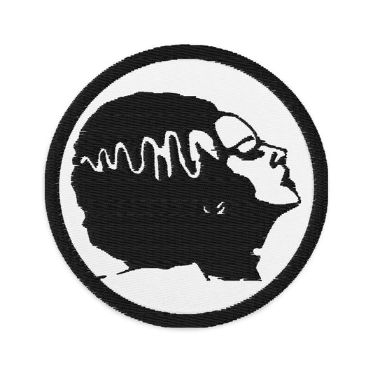 Circular embroidered patch featuring Halloween Monster Bride of Frankenstein, front view