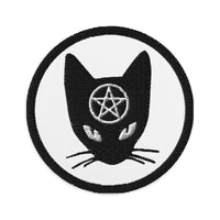 Circular embroidered patch featuring Black Cat Wiccan Pentagram, front view