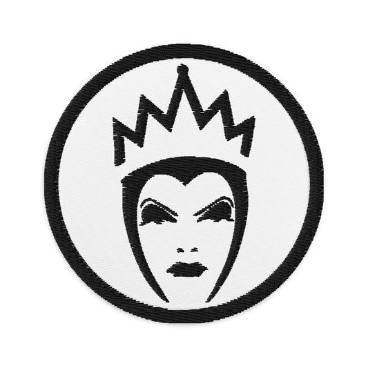 Circular embroidered patch featuring Evil Queen, front view