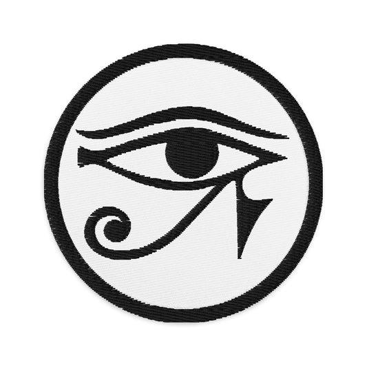 Circular embroidered patch featuring Black Eye of Ra Egyptian God, front view
