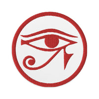 Circular embroidered patch featuring Red Eye of Ra Egyptian God, front view