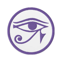 Circular embroidered patch featuring Eye of Ra Egyptian Goddess, front view