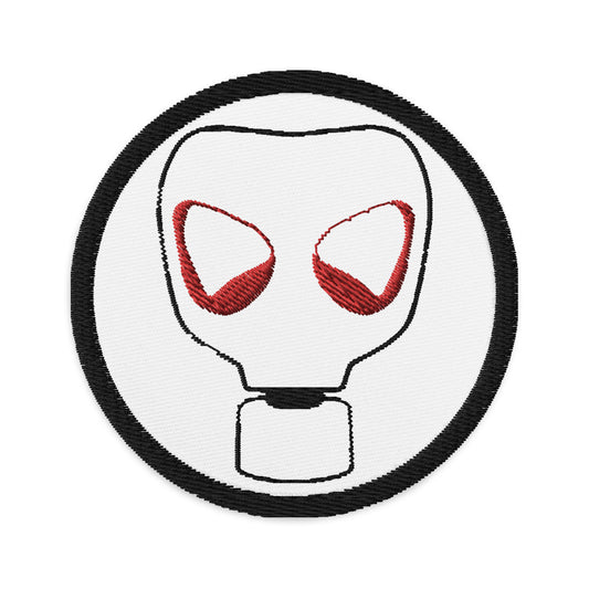 Circular embroidered patch featuring WWII Era Bio Hazard Gas Mask, front view