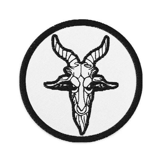 Circular embroidered patch featuring Evil Goat Head Baphomet, front view