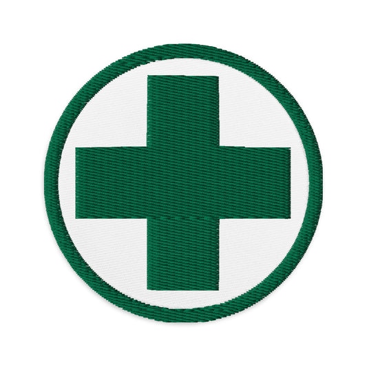 Circular embroidered patch featuring Medical Marijuana Symbol, front view
