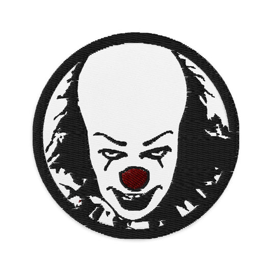 Circular embroidered patch featuring Pennywise The Evil Clown, front view