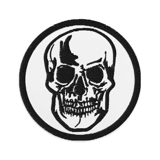 Circular embroidered patch featuring Death Skull, front view