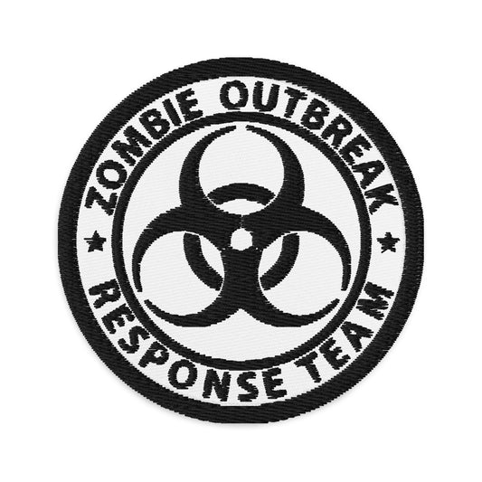 Circular embroidered patch featuring Zombie Outbreak Response Team, front view