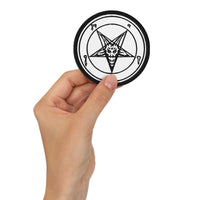 Circular embroidered patch featuring Black Sigil of Baphomet, front view