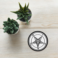 Circular embroidered patch featuring Black Sigil of Baphomet, front view