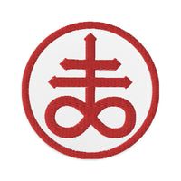 Circular embroidered patch featuring Red The Leviathan Cross of Satan, front view