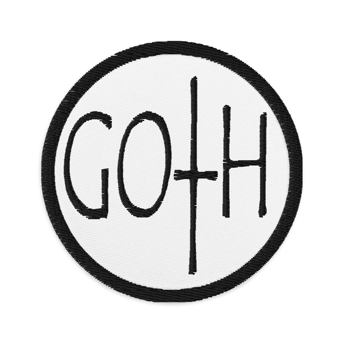 Circular embroidered patch featuring Black Goth Dark and Morbid Style Halloween Celebration, front view