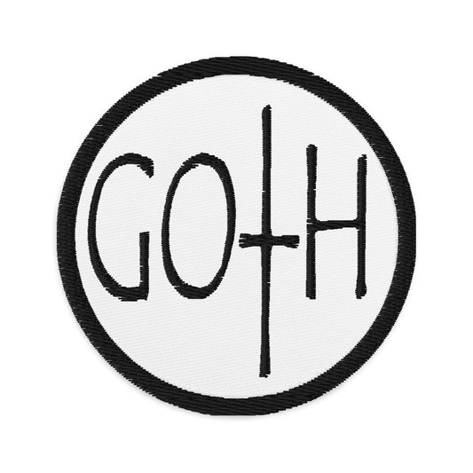 Circular embroidered patch featuring Black Goth Dark and Morbid Style Halloween Celebration, front view