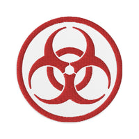 Circular embroidered patch featuring Red Thread Bio Hazard Symbol Warning Sign, front view