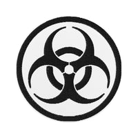 Circular embroidered patch featuring Black Thread Bio Hazard Symbol Warning Sign, front view