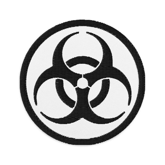Circular embroidered patch featuring Black Thread Bio Hazard Symbol Warning Sign, front view