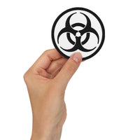Circular embroidered patch featuring Black Thread Bio Hazard Symbol Warning Sign, front view