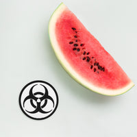 Circular embroidered patch featuring Black Thread Bio Hazard Symbol Warning Sign, front view